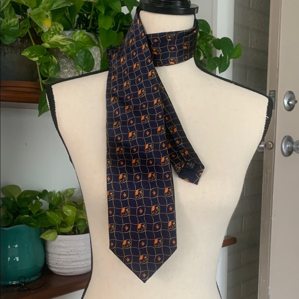 Luca D'Altieri 100% Silk Made in Italy Tie Navy Gold Orange Fleur De Lis EUC 58" - Picture 1 of 9